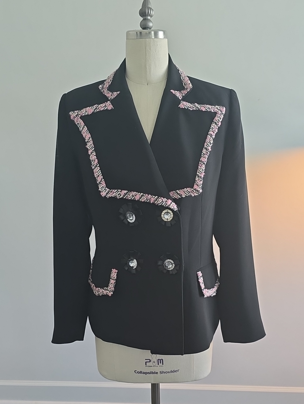 Black Women's Double-Breasted Blazer with Pink Tweed Trim